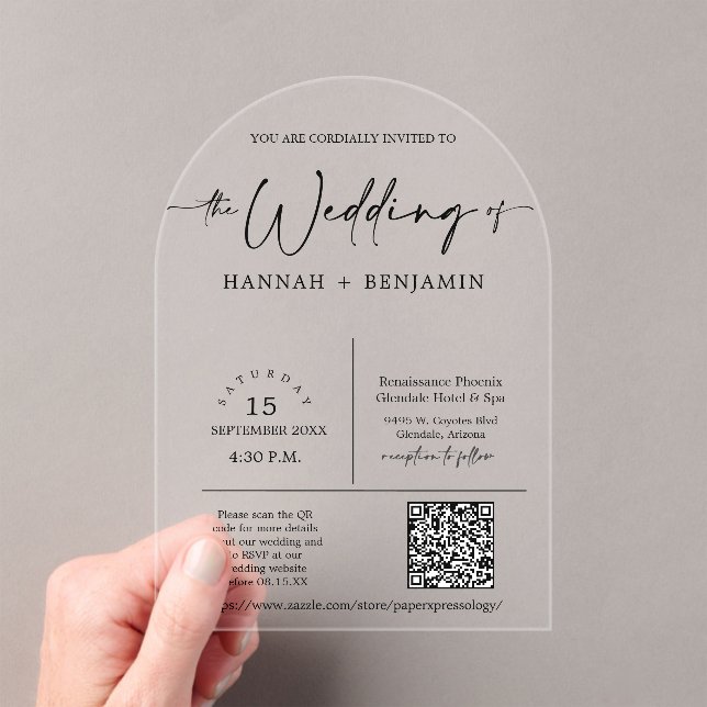 Elegant Modern Minimal Script Wedding Arch QR Code Acrylic Invitations (Insitu (Handheld))