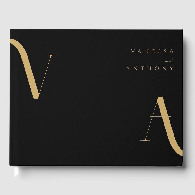 Elegant Modern Minimalist Black and Gold Wedding Guest Book (Front)