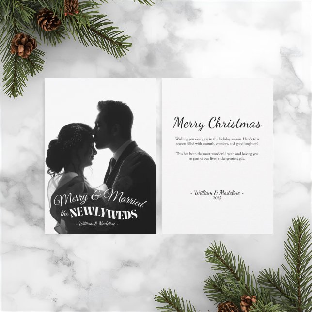 Elegant Modern Minimalist Black And White Newlywed Holiday Card (Modern Elegant Black And White Newlyweds First Christmas Card)
