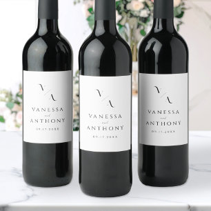 Elegant Modern Minimalist Black and White Wedding Wine Label
