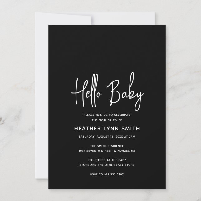 Elegant Modern Minimalist Black Hello Baby Shower Invitation (Front)