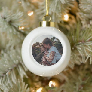 Elegant Modern Minimalist Christmas Couple Photo Ceramic Ball Christmas Ornament