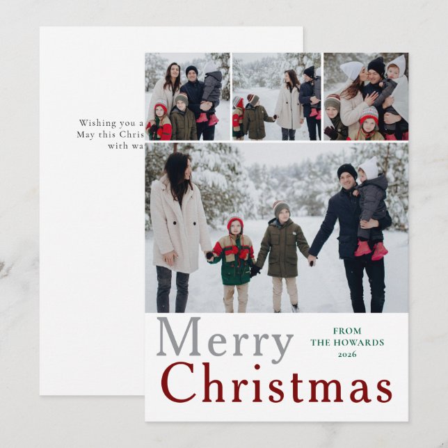 Elegant Modern Minimalist Christmas Family 4 Photo Holiday Card (Front/Back)