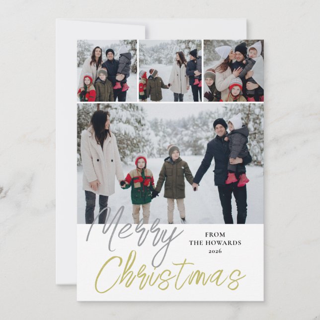 Elegant Modern Minimalist Christmas Family 4 Photo Holiday Card (Front)
