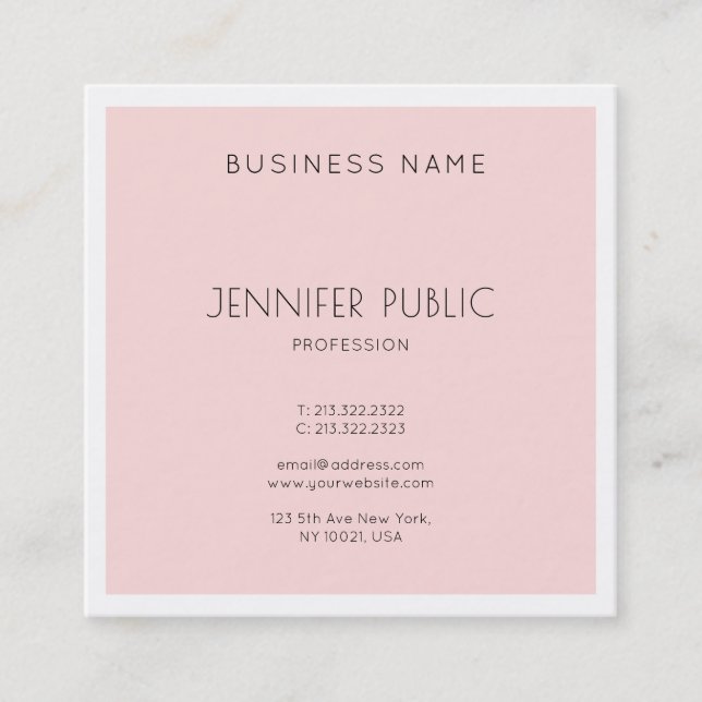 Elegant Modern Minimalist Design Trendy Plain Pink Square Business Card (Front)