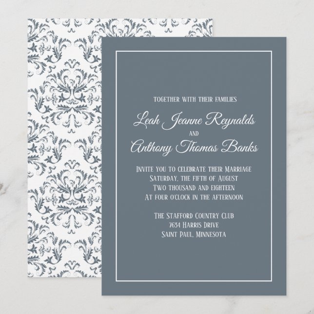 Elegant Modern Minimalist Dusty Blue Damask Invitation (Front/Back)