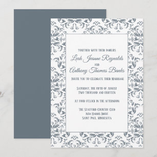 Elegant Modern Minimalist Dusty Blue Damask Invitation