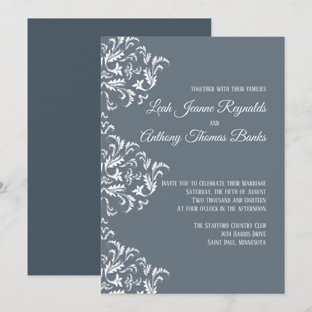Elegant Modern Minimalist Dusty Blue Damask Invitation (Front/Back)