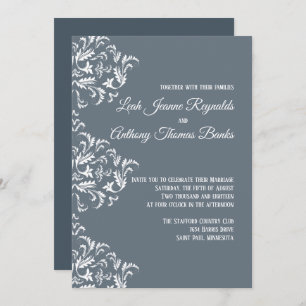 Elegant Modern Minimalist Dusty Blue Damask Invitation