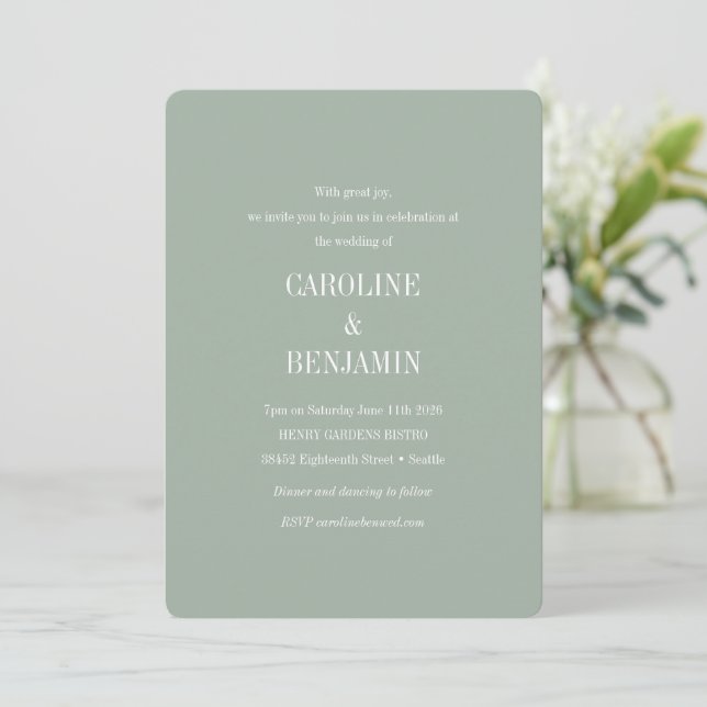 Elegant Modern Minimalist Dusty Sage Green Wedding Invitation (Standing Front)