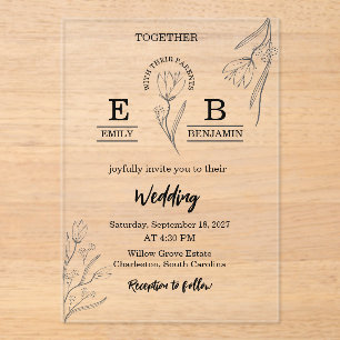 Elegant Modern Minimalist Floral Simple wedding Acrylic Invitations