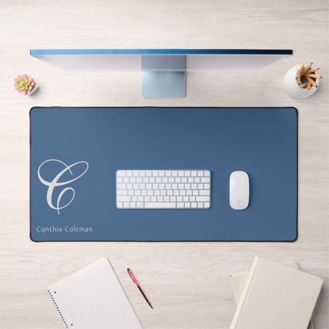 Elegant Modern Minimalist Monogram, Blue Denim Desk Mat (Office 1)