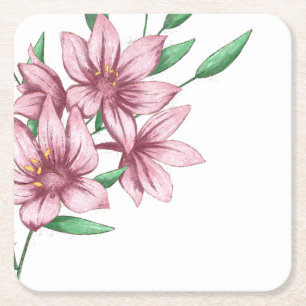 Elegant Modern Minimalist Pink Floral  Square Paper Coaster