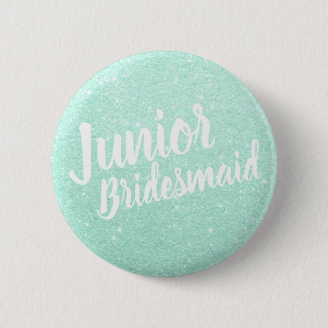 Elegant modern mint glitter junior bridesmaid 6 cm round badge (Front)