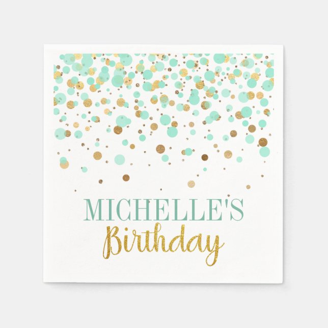 Elegant Modern Mint Gold Confetti Girl Birthday Napkin (Front)