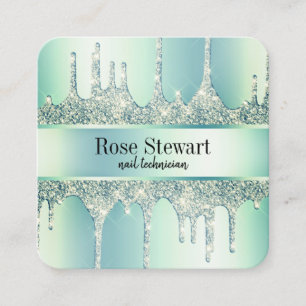 Elegant modern mint green glitter drips nails square business card