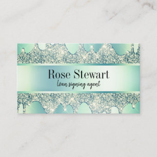 Elegant modern mint green glitter drips notary business card