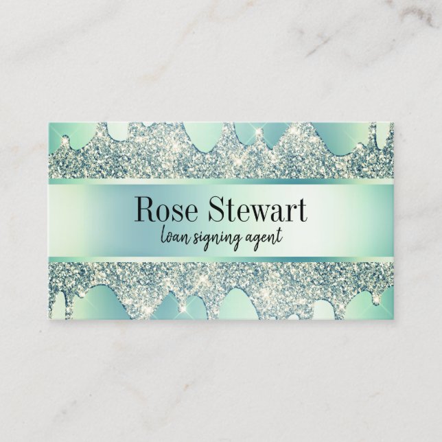 Elegant modern mint green glitter drips notary business card (Front)