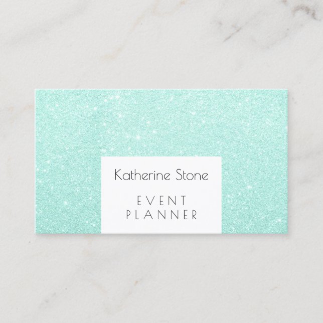 Elegant modern mint green glitter event planner business card (Front)