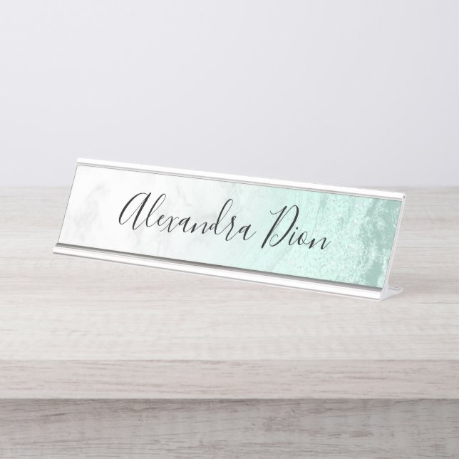 Elegant modern mint green glitter white marble desk name plate (Front)