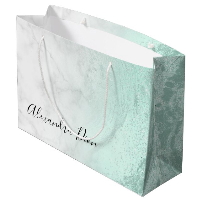 Elegant modern mint green glitter white marble large gift bag (Back Angled)
