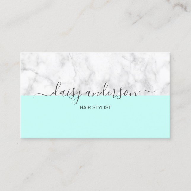 Elegant modern mint & white marble hair stylist business card (Front)