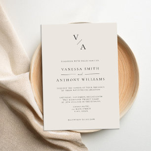 Elegant Modern Monogram Black and Ivory Wedding Invitation