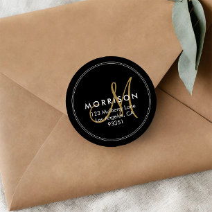 Elegant Modern Monogram Black Gold Return Address Classic Round Sticker