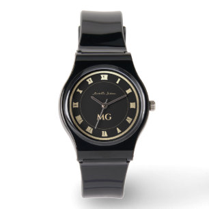 Elegant Modern Monogram Black Gold Roman Numerals Watch