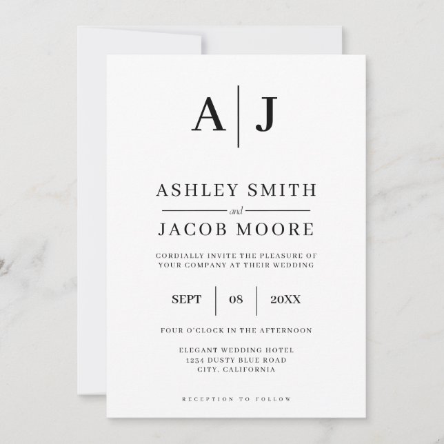 Elegant Modern Monogram Black White Wedding Invitation (Front)