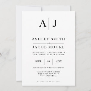 Elegant Modern Monogram Black White Wedding Invitation