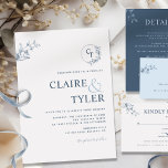 Elegant Modern Monogram Blue Wedding Invitation<br><div class="desc">Elegant monogram wedding invitation with a modern and minimal style showcasing a delicate fine hand-drawn monogram, contemporary typography, and a subtle fine hand-drawn floral detail in blue. Easy to fill in the template. Ability to "edit using design tool" and make changes to font size, style, and position as well as...</div>