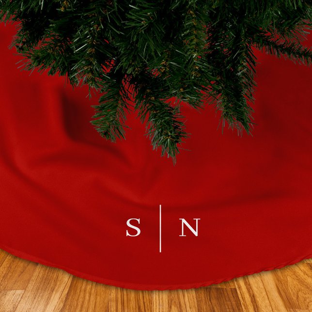 Elegant Modern Monogram | Christmas Red Brushed Polyester Tree Skirt (A festive, red Christmas tree skirt with your monogram in white. Simple, modern, and professional)