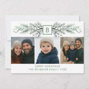 Elegant Modern Monogram Custom Christmas 3 Photo Holiday Card