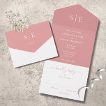 Elegant Modern Monogram Dusty Rose Wedding All In One Invitation<br><div class="desc">This chic minimalist all in one wedding invitation can be personalised with your monogram initials and wedding day information on a dusty rose background. The invitation includes a perforated RSVP card that’s can be individually addressed or left blank for you to handwrite your guest's address details. Designed by Thisisnotme©</div>