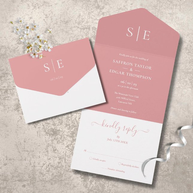 Elegant Modern Monogram Dusty Rose Wedding All In One Invitation (Creator Uploaded)