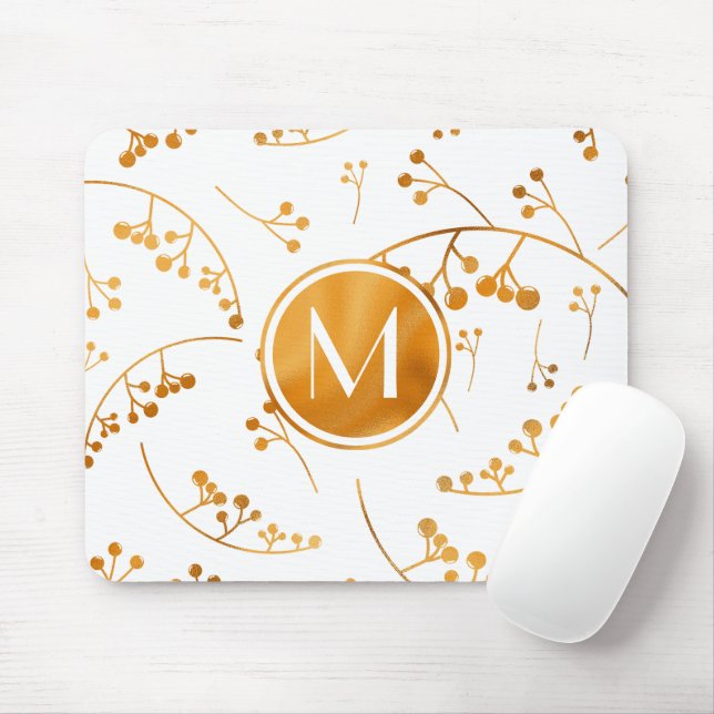 Elegant modern monogram gold berry pattern mouse mat (With Mouse)