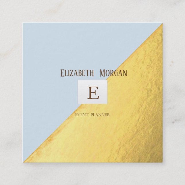 Elegant Modern Monogram Gold,Light Blue Square Business Card (Front)