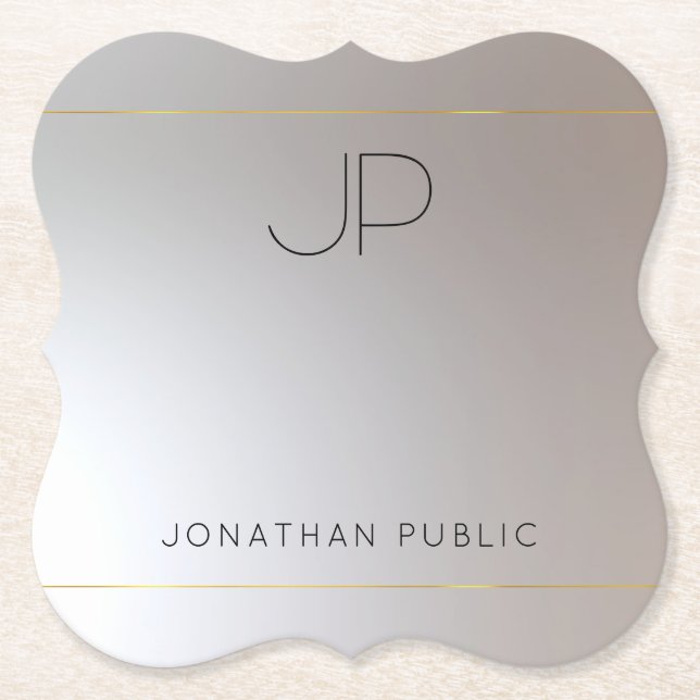 Elegant Modern Monogram Gold Silver Template Paper Coaster (Front)