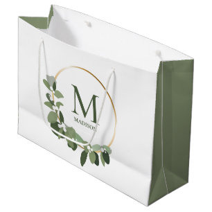 Elegant Modern Monogram Green Wreath  Large Gift Bag