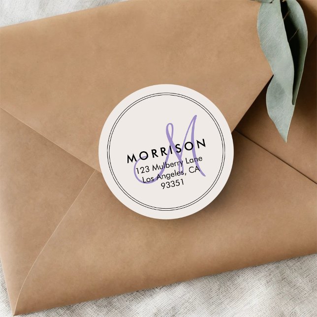 Elegant Modern Monogram Lavender Return Address Classic Round Sticker (Creator Uploaded)