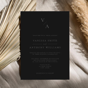 Elegant Modern Monogram Matte Black Wedding Invitation