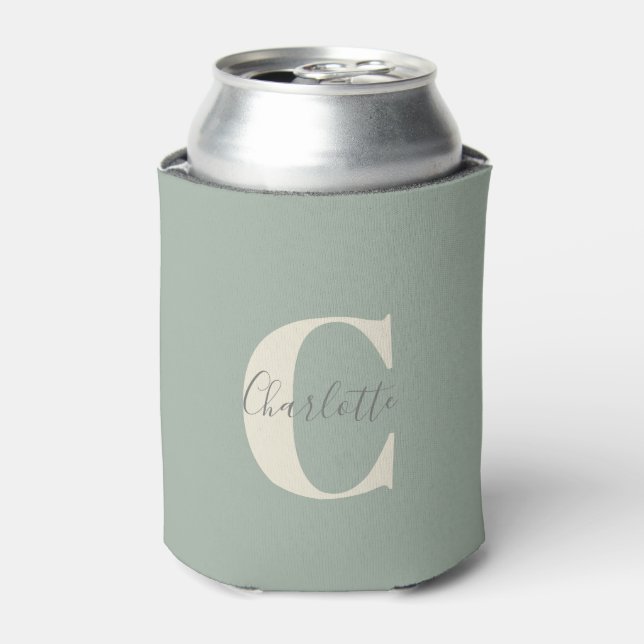 Elegant Modern Monogram Name in Sage Green   Can Cooler (Can Front)