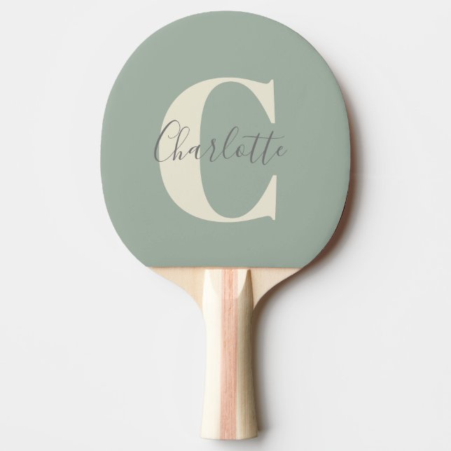 Elegant Modern Monogram Name in Sage Green Ping Pong Paddle (Front)