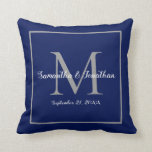 Elegant Modern Monogram Navy Blue Wedding Keepsake Cushion<br><div class="desc">Here's a simple, elegant wedding keepsake gift for the bride and groom. This design features the couple's monogram initial in gray together with their names and wedding date in an trendy script typography on a navy blue background. All this encircled by a gray border. All text is easily customizable using...</div>