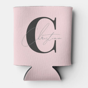 Elegant Modern Monogram Pink Whisper and Black Can Cooler