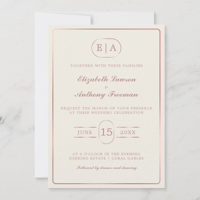 Elegant Modern Monogram Rose Gold Wedding  Invitation (Front)