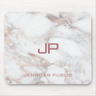 Elegant Modern Monogram Rose Gold White Marble Mouse Mat