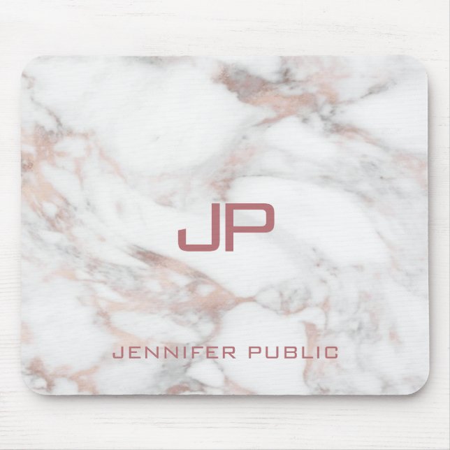 Elegant Modern Monogram Rose Gold White Marble Mouse Mat (Front)