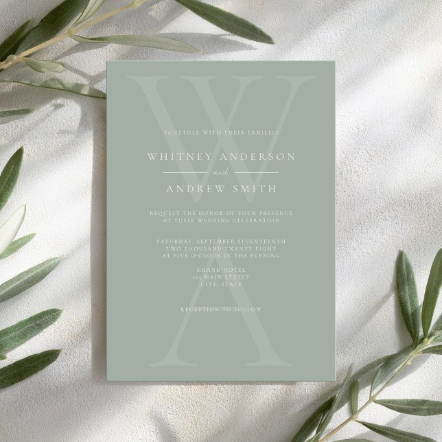 Elegant Modern Monogram Sage Green Wedding Invitation (Creator Uploaded)